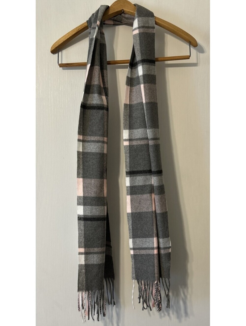 100% Cashmere Plaid Scarf - Grey and Pink 64" Long
